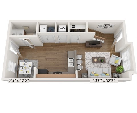 Floor plan for 2 beds, 1.5 baths, 1002 sqft